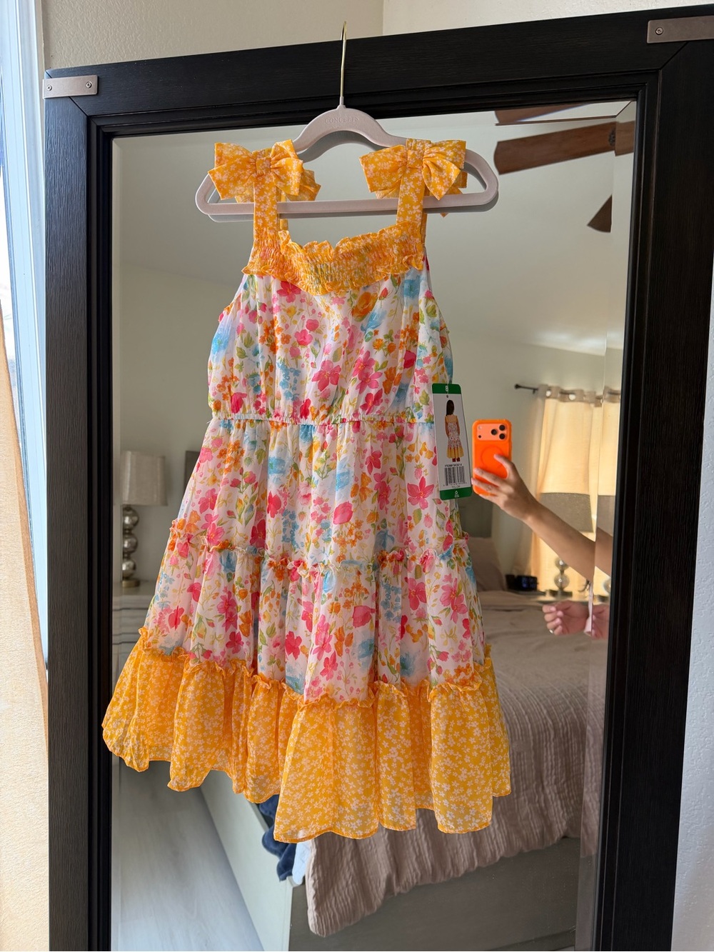 Girls Jona Michelle Yellow Floral Tiered Dress with Bow Straps